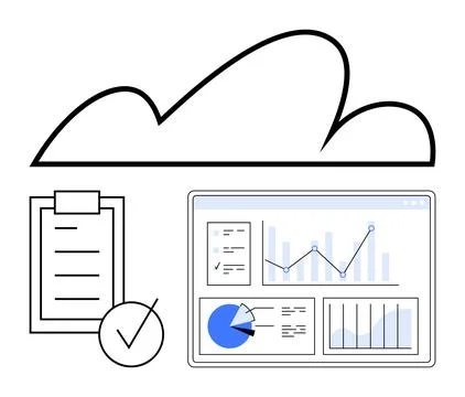 Cloud computing, data storage, business analytics, productivity tools, digita Illustrazione stock