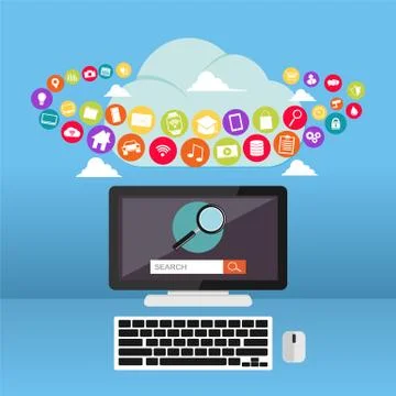 Cloud computing. Data storage device. Internet contents. Web Applications. Stock Illustration