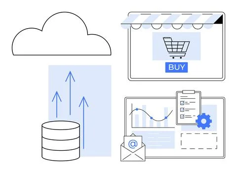 Cloud Computing, Data Storage, E-commerce and Analytics Workflow Concept Visu Stock Illustration