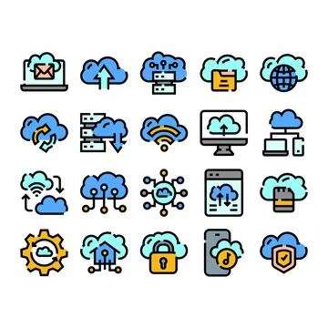 Cloud computing data storage network server technology icons set Illustrazione stock