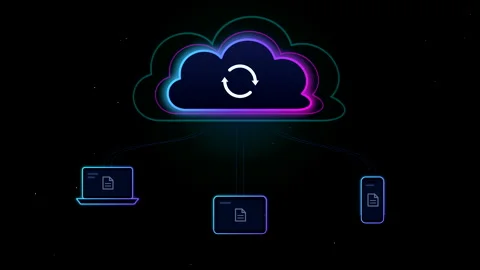 Cloud computing data synchronization animation loop connecting multiple devices Stock Footage 347941677
