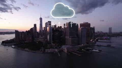 Cloud computing data synchronization on Manhattan skyline background - 3D 動画素材 242055046