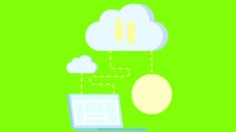 Cloud computing data syncing process animation showing laptop connectivity with 스톡 동영상 346121090