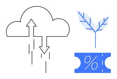 Cloud computing with data transfer arrows, eco-friendly growth and discount.. Stock Illustration