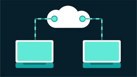 Cloud Computing Data Transfer Between Laptops. Stock Illustration