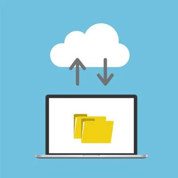Cloud computing data transfer concept with laptop. Vector Illustrazione stock