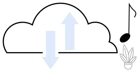 Cloud computing data transfer with music note and plant symbolizing growth .. 库存插图