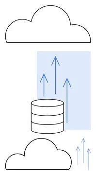 Cloud computing data upload with cloud storage elements and upward arrows in Stock Illustration