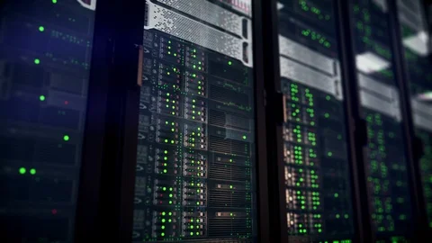 Cloud computing datacenter Server racks close up 3d rendering. 4k animation Stock Footage