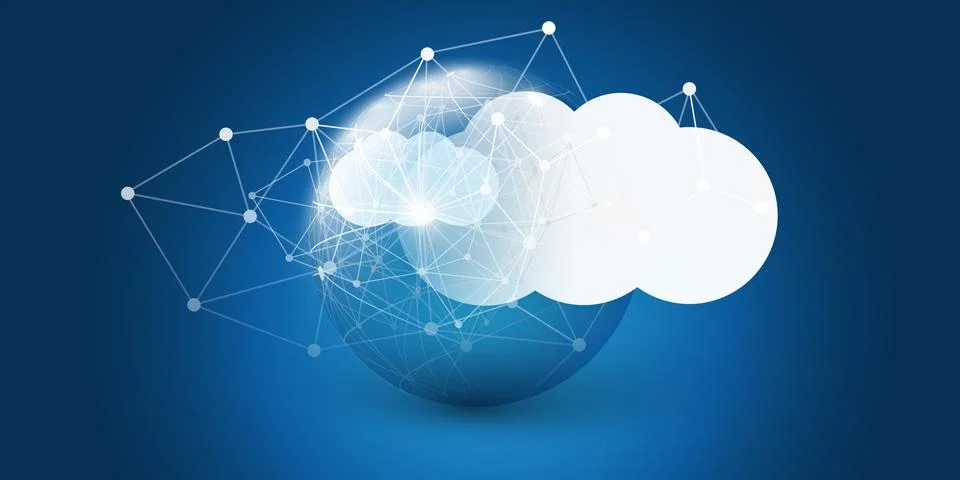 Cloud Computing Design Concept - Global Digital Nodes and 3D Polygonal; Con.. Illustrazione stock