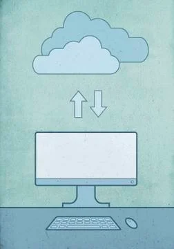Cloud computing with desktop PC against blue background Illustrazione stock