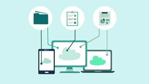 Cloud computing devices and document icons, Flat-style animation of cloud c.. Видео 334762714