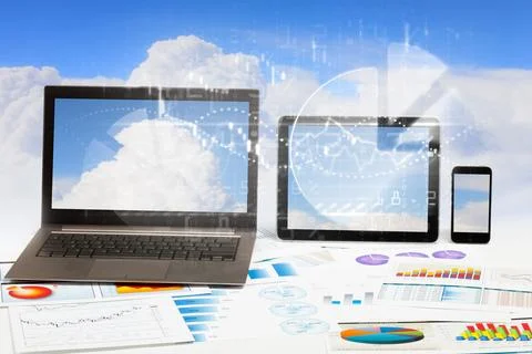 Cloud Computing Devices with Business Data and Digital Network Stock Photos