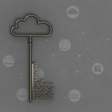 Cloud computing diagram with metallic cloud and the key Stock Illustration