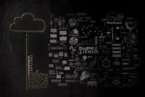 Cloud computing diagram with metallic cloud and the key as concep Stock Illustration