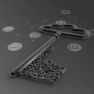 Cloud computing diagram with metallic cloud and the key Stock-Illustration