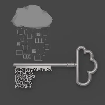 Cloud computing diagram with metallic cloud and the key Stock Illustration