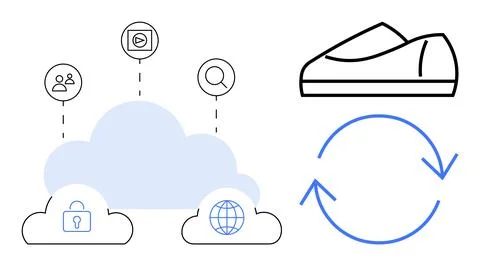 Cloud computing diagram with security, networking icons and shoe with circu.. 스톡 일러스트