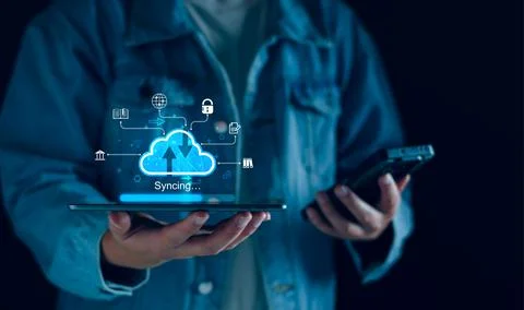 Cloud computing diagram show on virtual screen. Cloud syncing technology. D.. Stock Photos