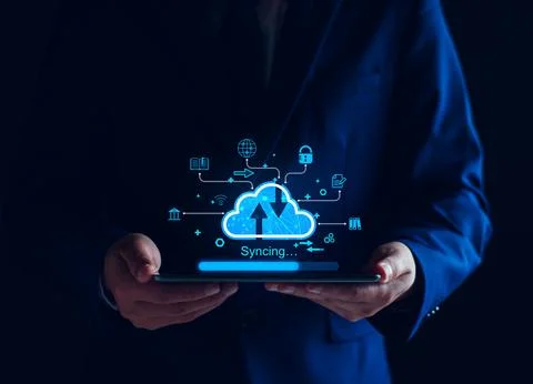 Cloud computing diagram show on virtual screen. Cloud syncing technology. D.. Stock Photos