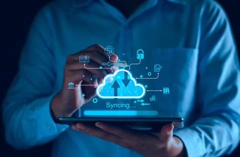 Cloud computing diagram show on virtual screen. Cloud syncing technology. D.. Stock Photos