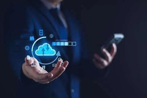 Cloud computing diagram show on virtual screen. Cloud syncing technology. D.. Stock Photos