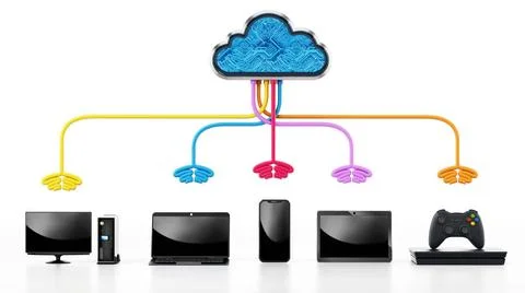 Cloud computing diagram with various connected device.. 3D illustration Cl... Stock Photos