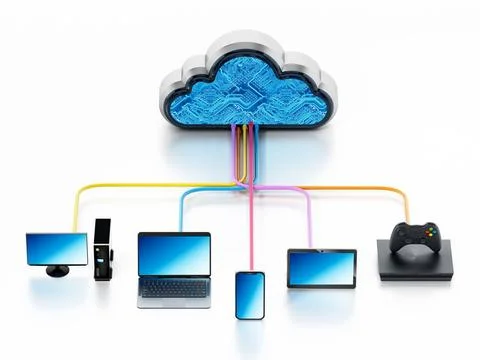 Cloud computing diagram with various connected device.. 3D illustration Cl... Stock Photos