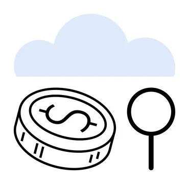 Cloud computing with digital currency and magnifying glass representing fin.. Illustrazione stock