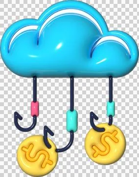 Cloud computing with dollar signs and coins, 3d illustration,  Illustrazione stock