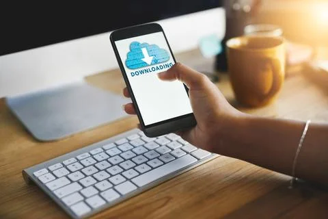 Cloud computing, download and phone with hands of employee in office for data Fotos Stock