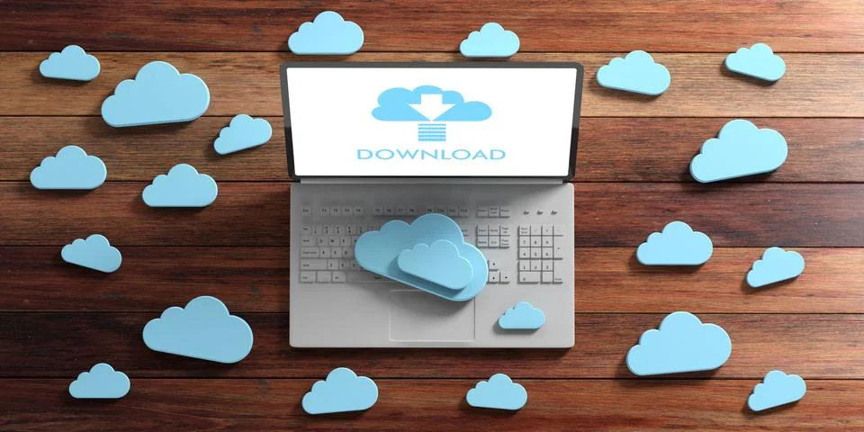 Cloud computing download. Computer and blue clouds on wooden background, text 库存插图