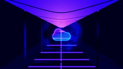 Cloud computing, Downloading icon. A computer server room and the cloud is .. Video stock 291945942