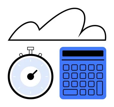 Cloud Computing Efficiency Represented by Stopwatch and Calculator in Minim.. Stock Illustration