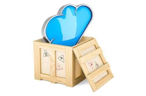 Cloud Computing in einer Holzkiste, Lieferkonzept. 3D-Rendering Cloud comp... Stock Photos