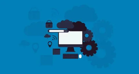 Cloud Computing Elements Concept. Devices connected to the cloud with Gears. Illustrazione stock