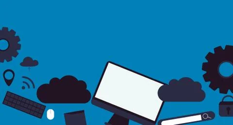 Cloud Computing Elements Concept. Devices connected to the cloud with Gears. Stock Illustration