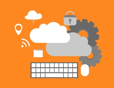 Cloud Computing Elements Concept. Devices connected to the cloud with Gears. Illustrazione stock