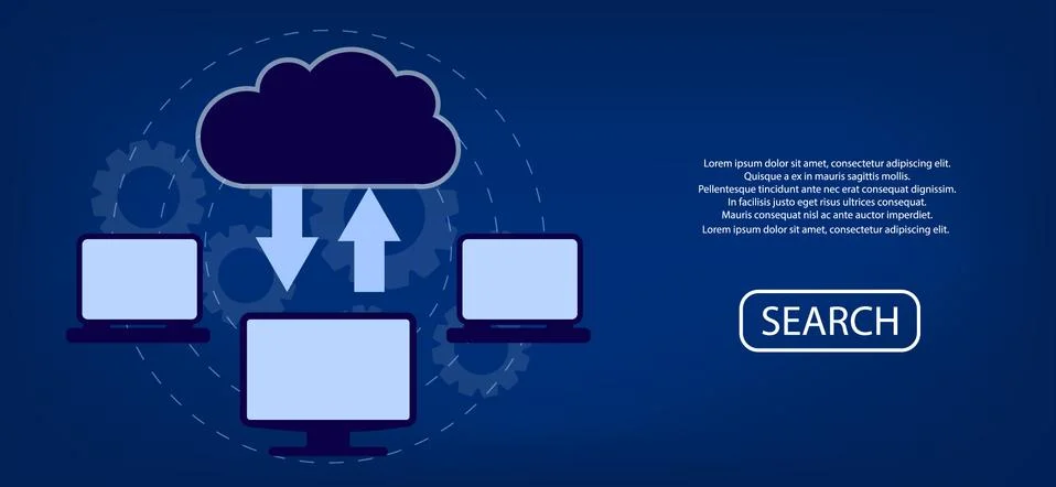 Cloud Computing Elements Concept. Devices connected to the cloud with Gears. Stock Illustration