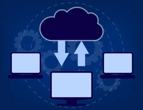 Cloud Computing Elements Concept. Devices connected to the cloud with Gears.  イラスト素材