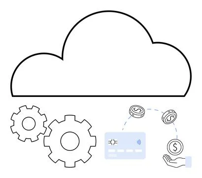 Cloud Computing Elements with Gears, Digital Payment Icons and Hand Receivi.. Stock Illustration
