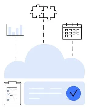 Cloud computing elements with puzzle, calendar, bar graph, clipboard, and c.. Stock Illustration