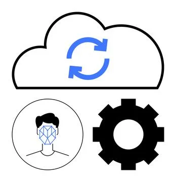 Cloud computing, facial recognition, data synchronization, technology integra Stockillustratie