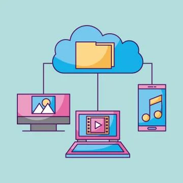Cloud computing file technology connected laptop pc mobile phone Stock Illustration