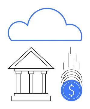 Cloud Computing for Financial Institutions with Bank Building and Falling Coi 스톡 일러스트