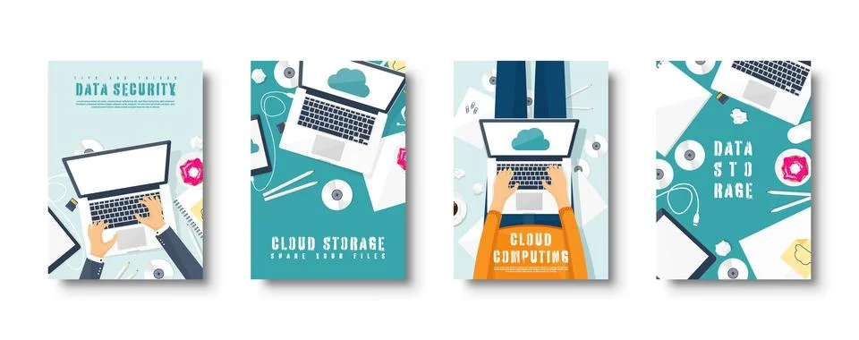 Cloud computing flat style covers set. Media, data server. Web storage. Digital Illustrazione stock