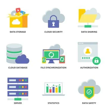 Cloud computing flat vector icons set 스톡 일러스트