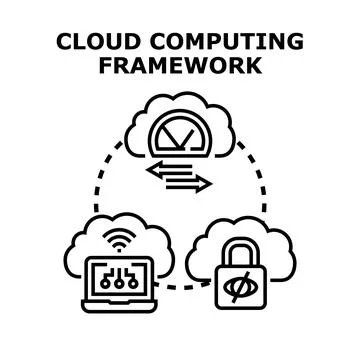 Cloud computing framework displaying data, security, and client access Illustrazione stock