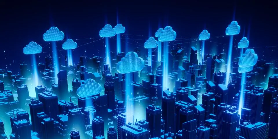 Cloud Computing in Futuristic Digital City Stock Photos
