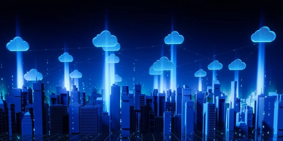 Cloud Computing in Futuristic Digital City Stock Photos
